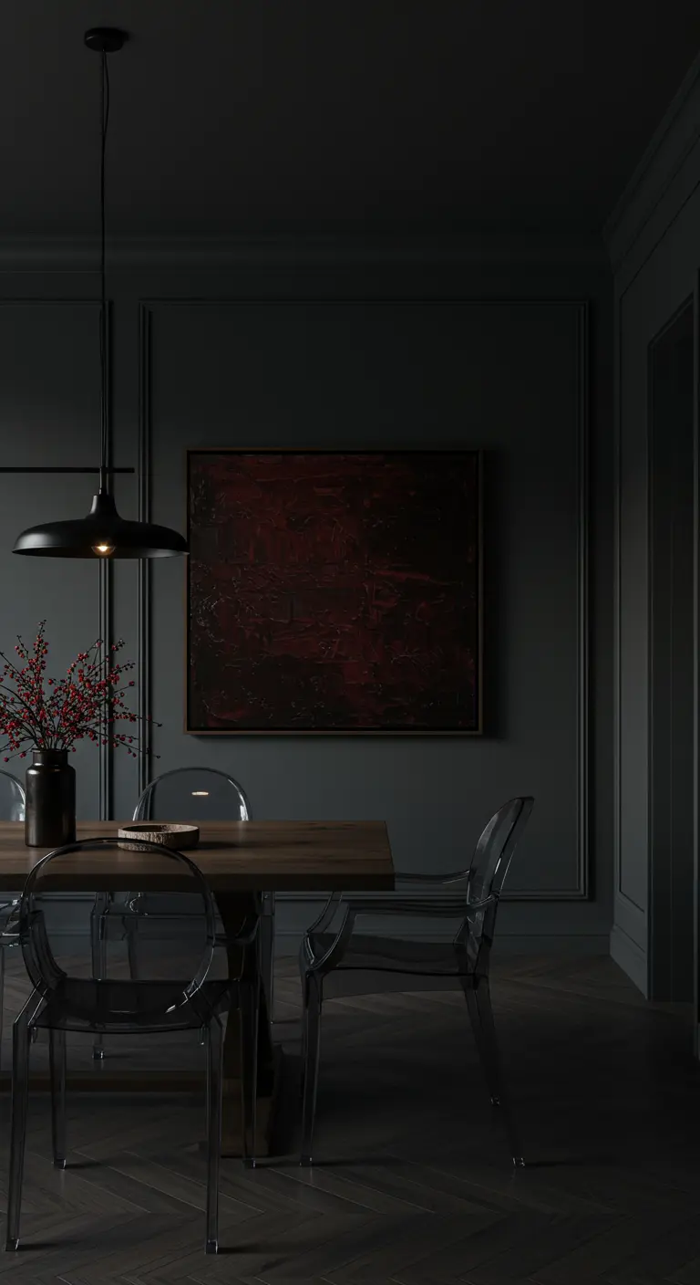 Comedor oscuro con arte abstracto en tonos rojos y sillas transparentes ahumadas.
