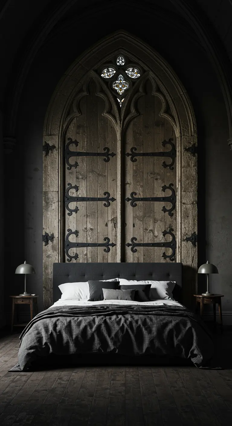 Impresionante cabecero de cama hecho con unas antiguas puertas de madera de estilo gótico con arco apuntado.