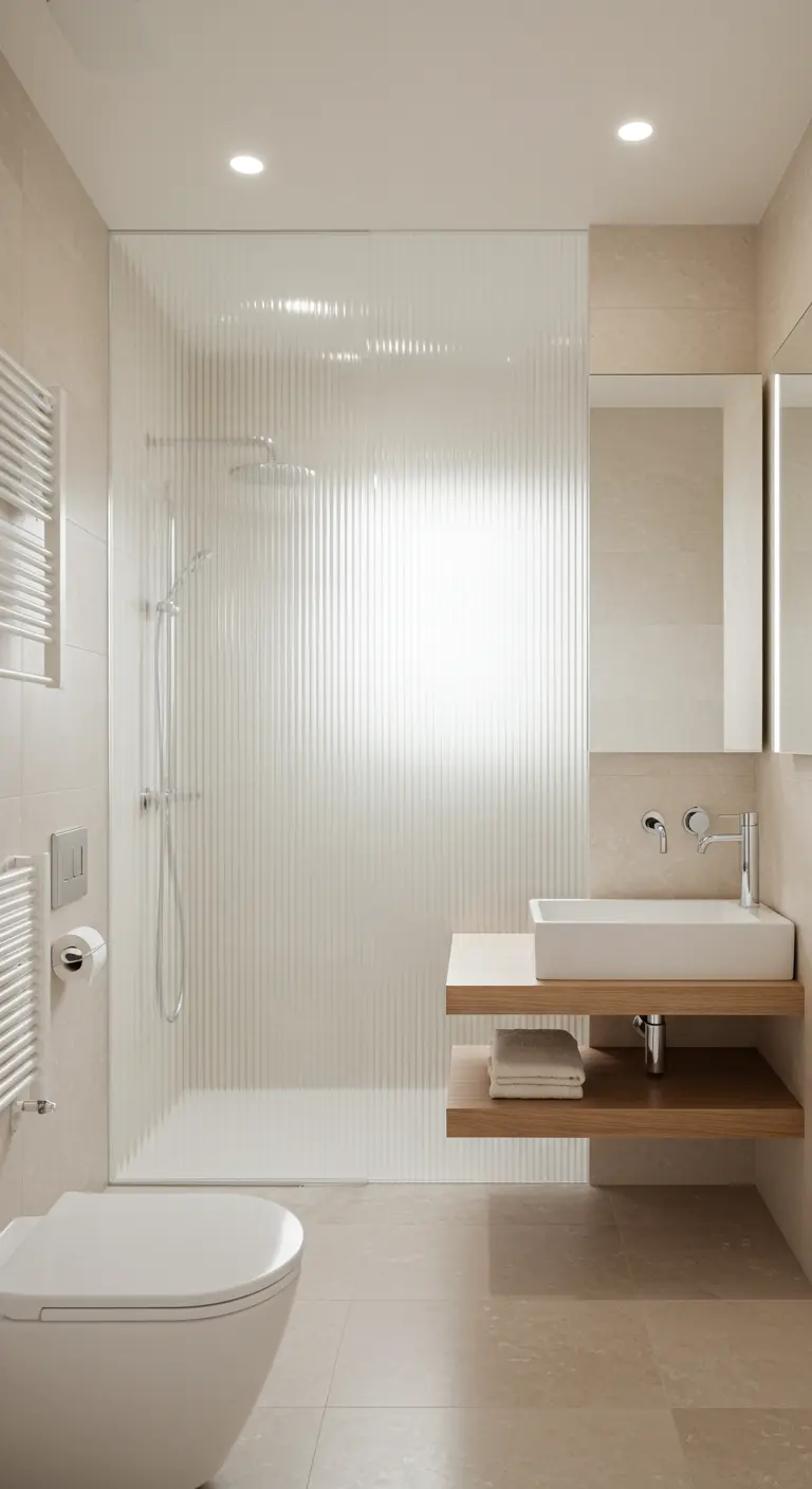 Baño con mampara de ducha de cristal estriado y lavabo sobre estantes de madera