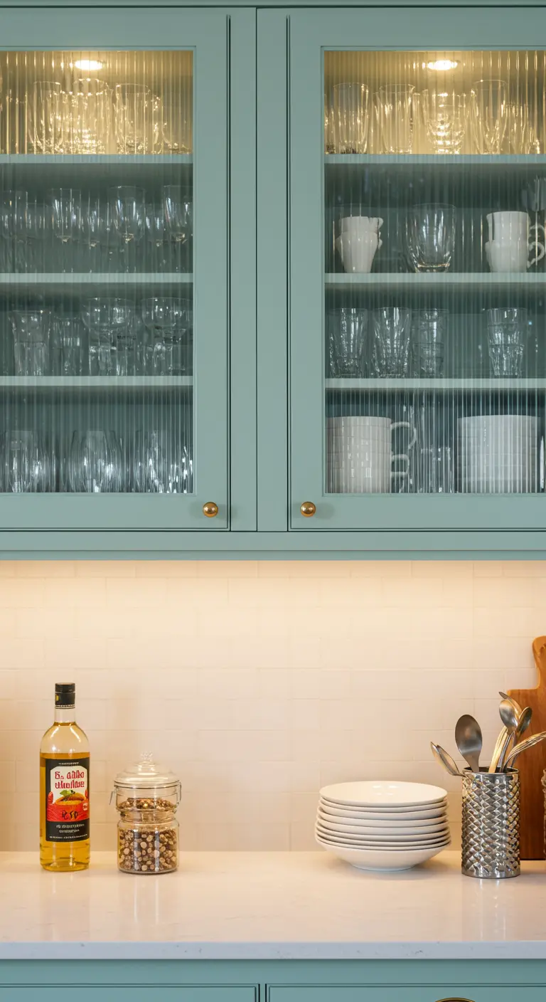 Gabinetes de cocina color menta con puertas de cristal estriado e iluminación interior.