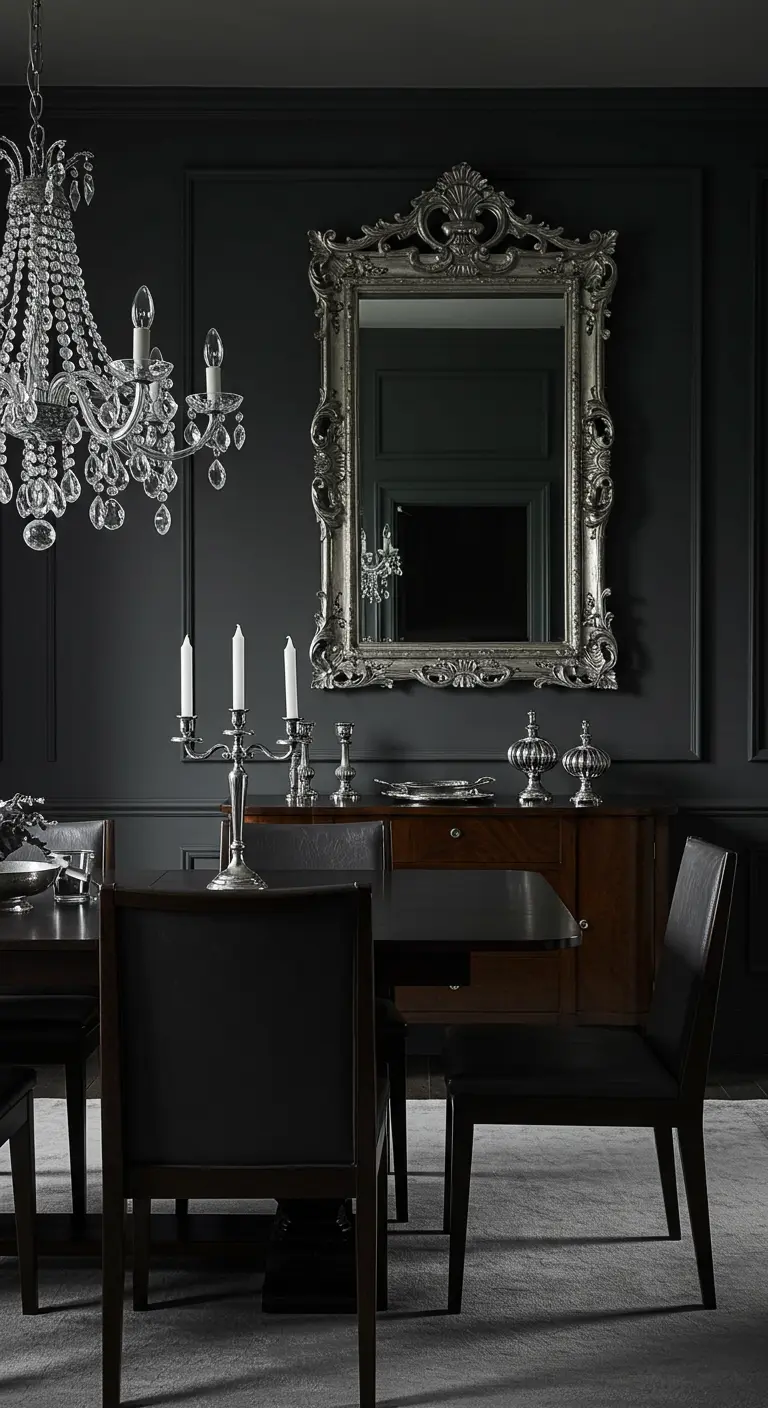 Comedor monocromático en tonos grises oscuros con un gran espejo plateado y un candelabro de cristal.
