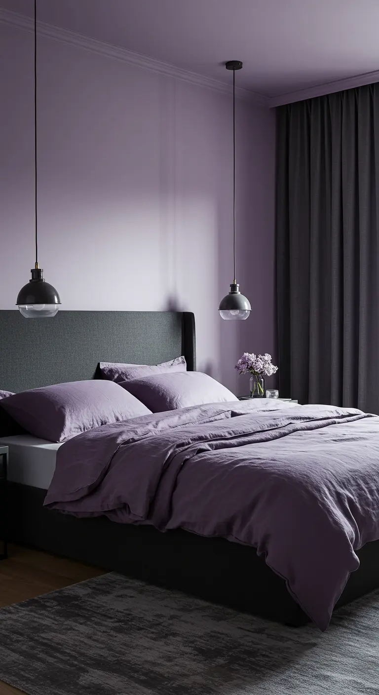 Dormitorio elegante con paredes de color lila oscuro, cama con cabecero gris y cortinas negras.