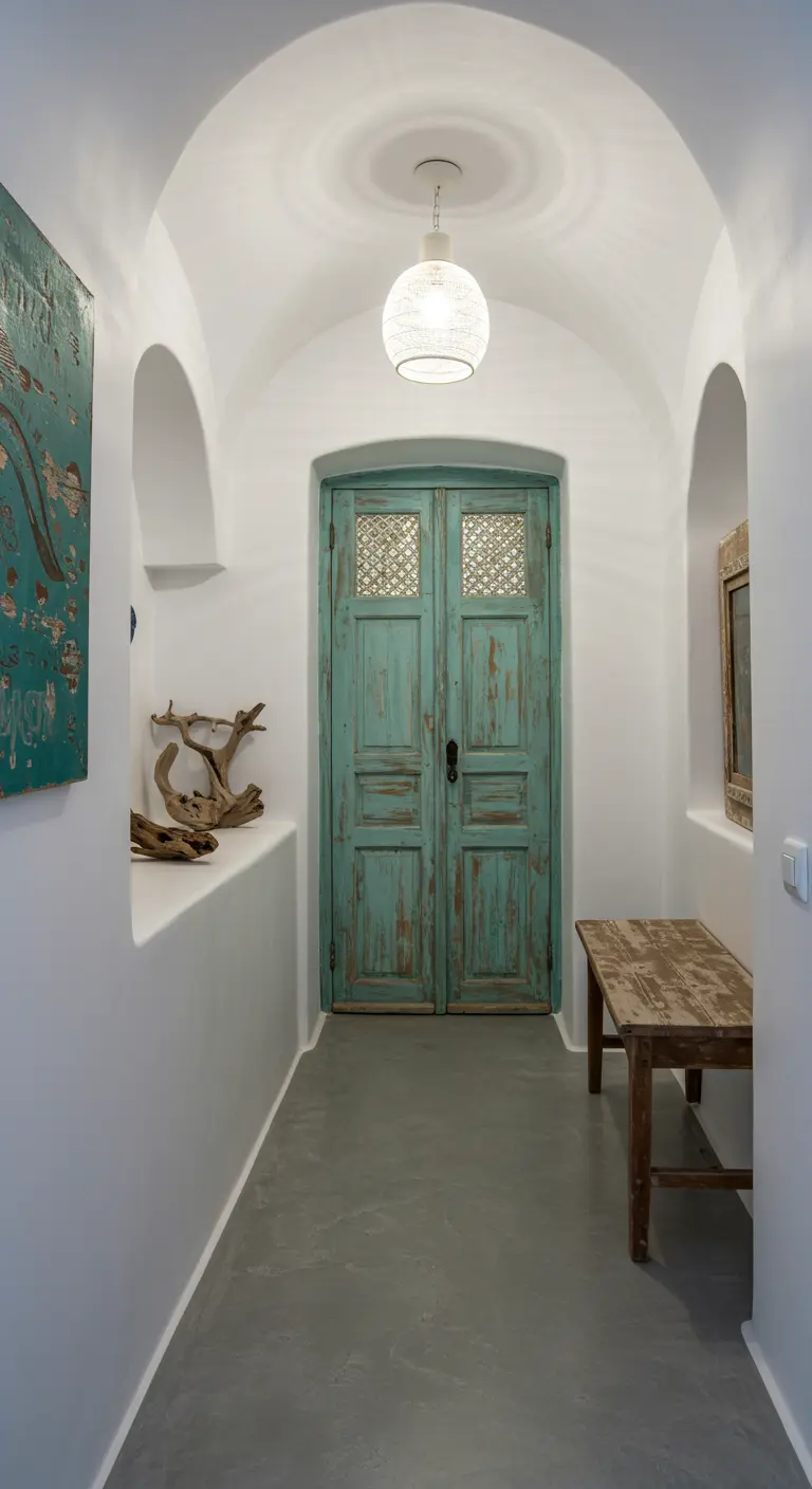 Pasillo blanco con techo abovedado y una puerta doble de madera turquesa envejecida al fondo.