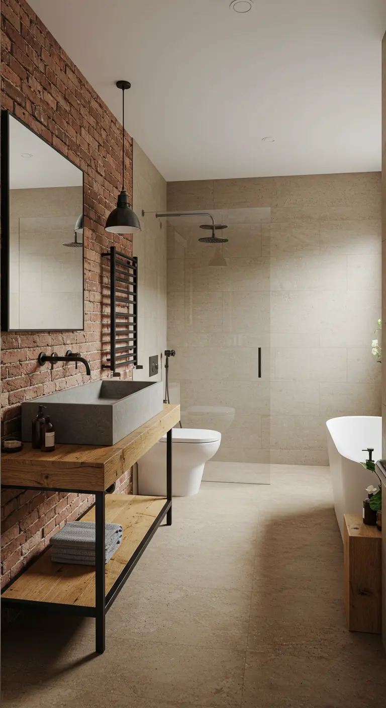 Baño de estilo industrial con pared de ladrillo, lavabo de cemento y mueble de madera y metal