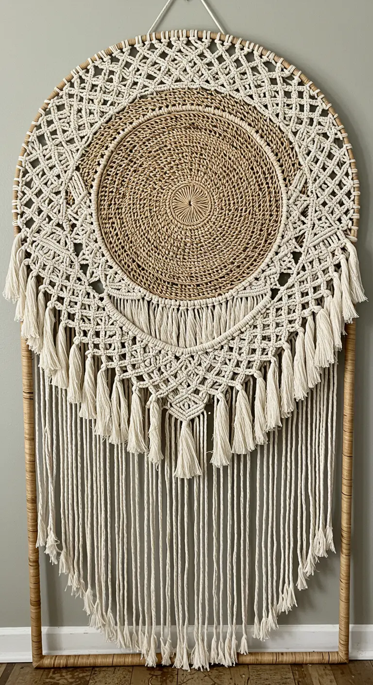 Tapiz de macramé con un centro circular de ratán tejido y flecos largos.