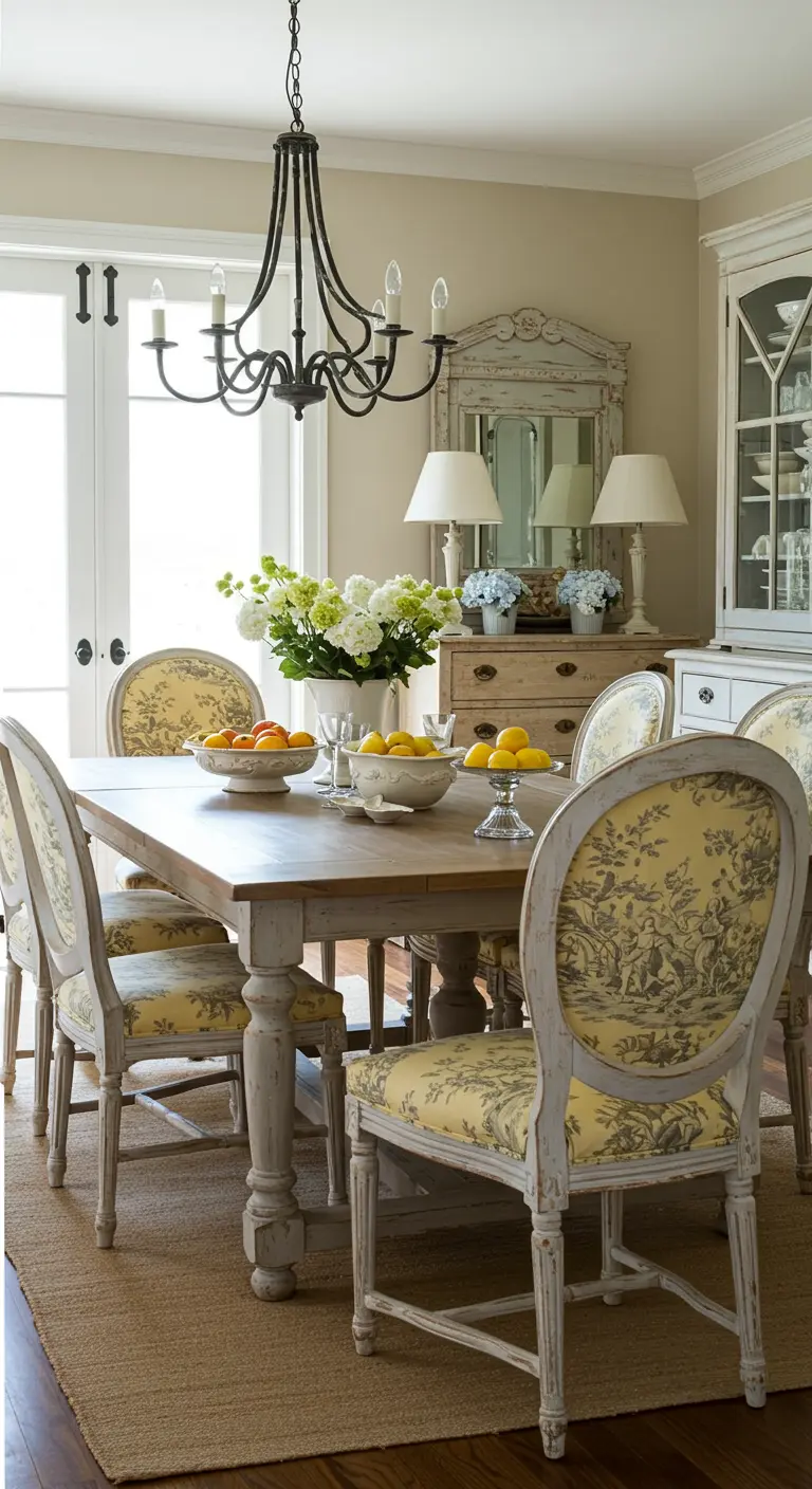 Comedor de estilo provenzal con sillas de madera decapada tapizadas en tela de Toile de Jouy.