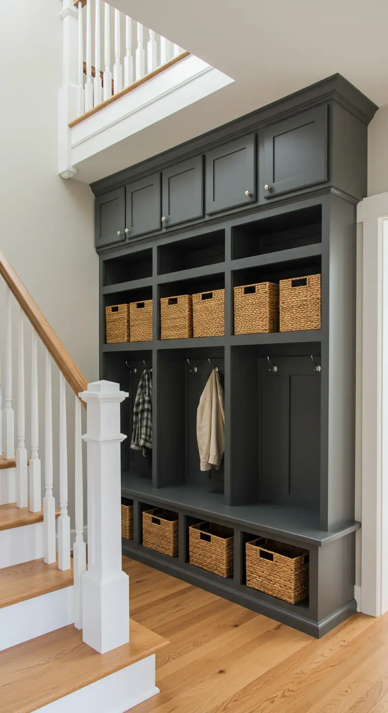 Mueble de recibidor a medida en color gris oscuro con compartimentos, percheros y cestas.