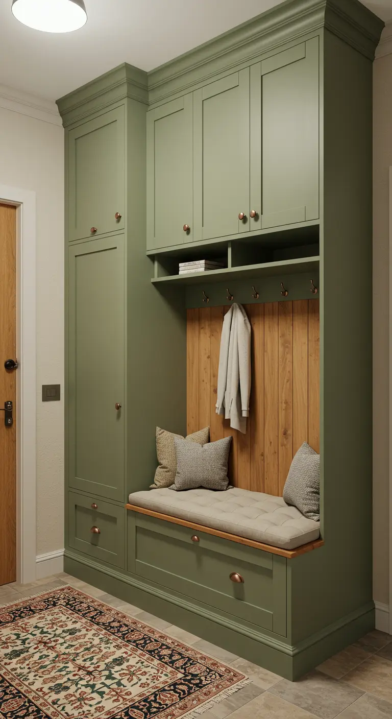 Mueble de entrada a medida en color verde salvia con banco y almacenaje