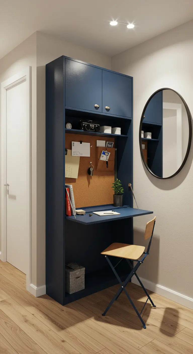 Mueble alto azul marino con escritorio plegable integrado, tablero de corcho y silla plegable.
