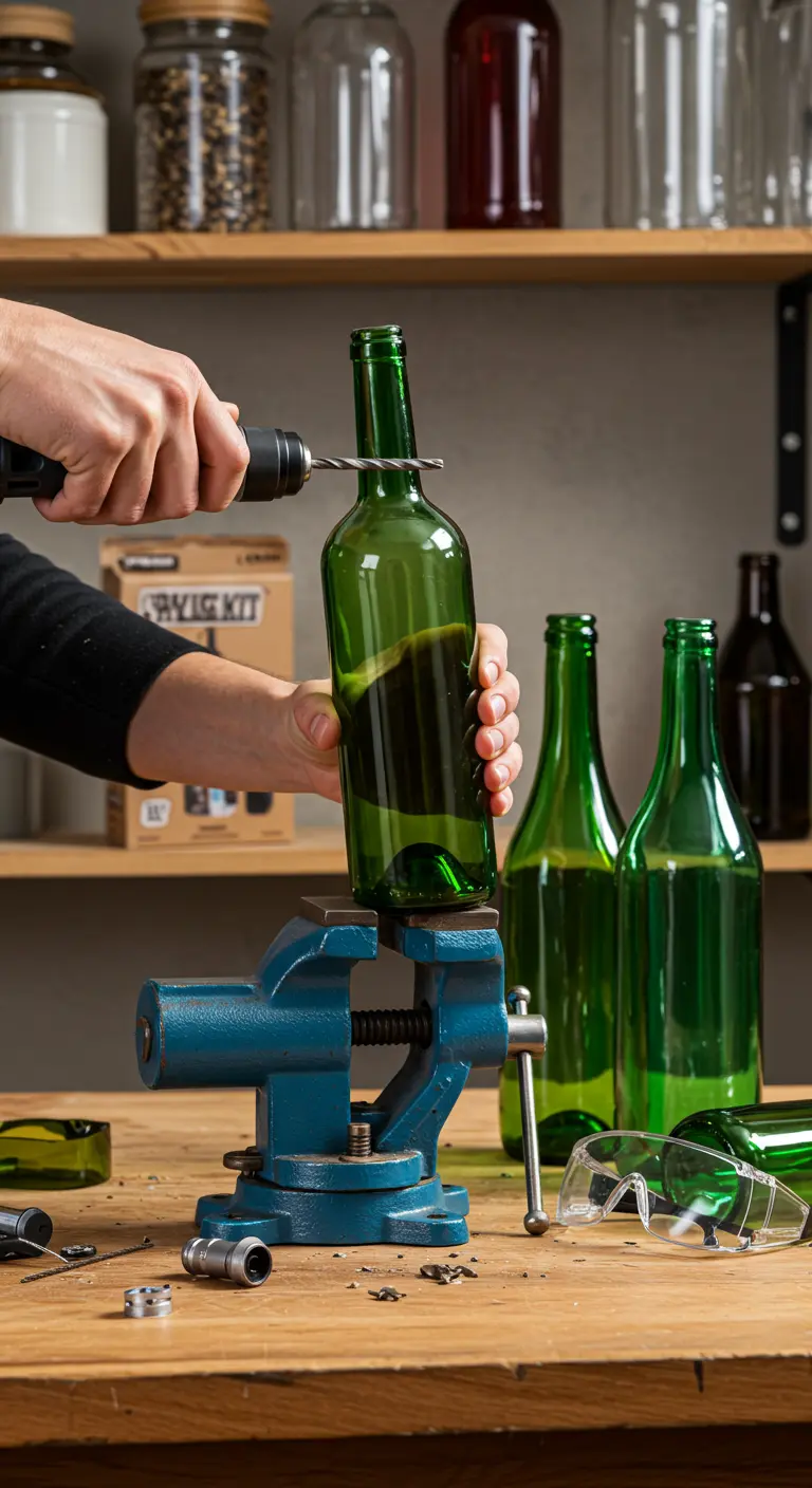 Persona usando un taladro con broca de diamante para hacer un agujero en una botella de vino verde.