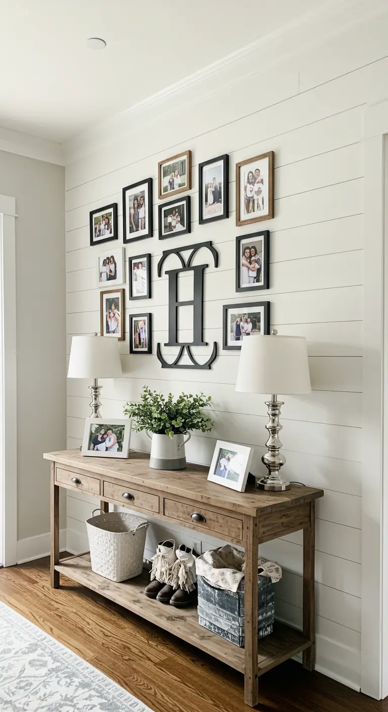 Recibidor con pared de lamas blancas y galería de fotos familiares centrada en una letra B metálica.