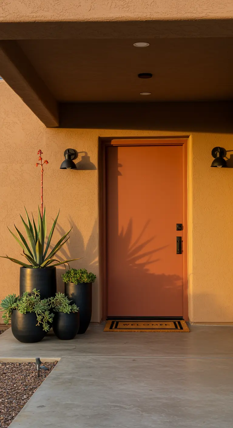 Entrada moderna con puerta terracota y maceteros negros con agaves