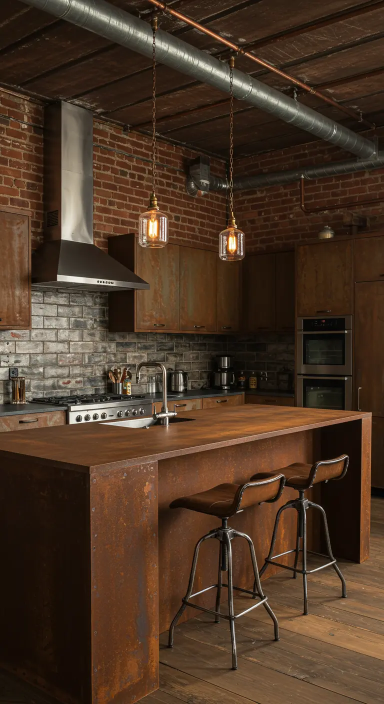 Cocina tipo loft con isla y armarios de acero oxidado y pared de ladrillo visto.