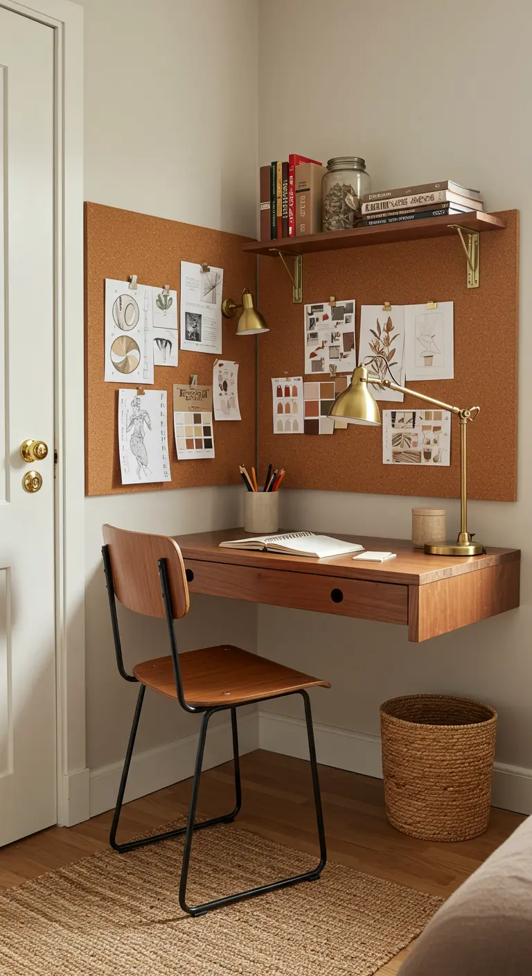 Escritorio de esquina flotante con un gran panel de corcho, lámpara dorada y silla industrial.