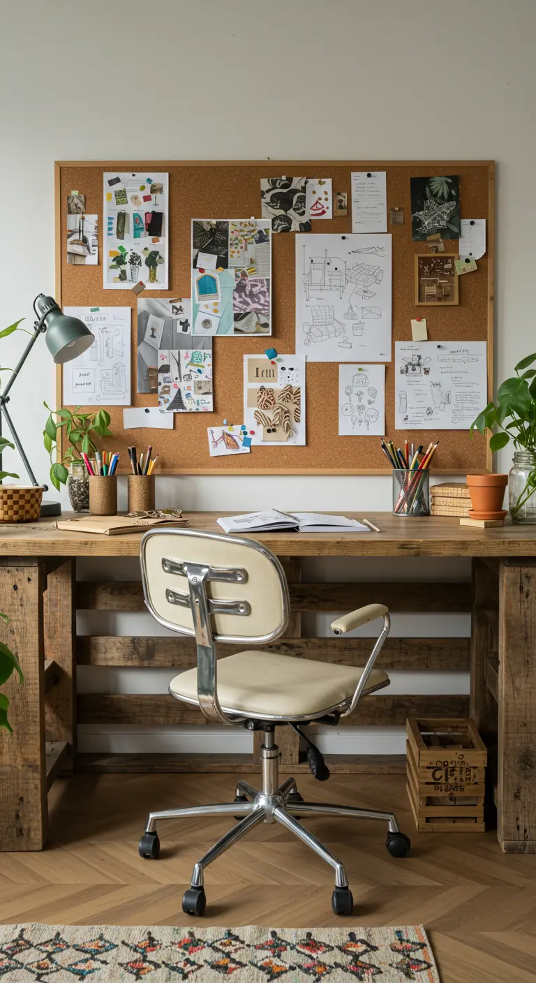 Estudio creativo con un gran tablero de corcho en la pared lleno de ideas y un escritorio rústico