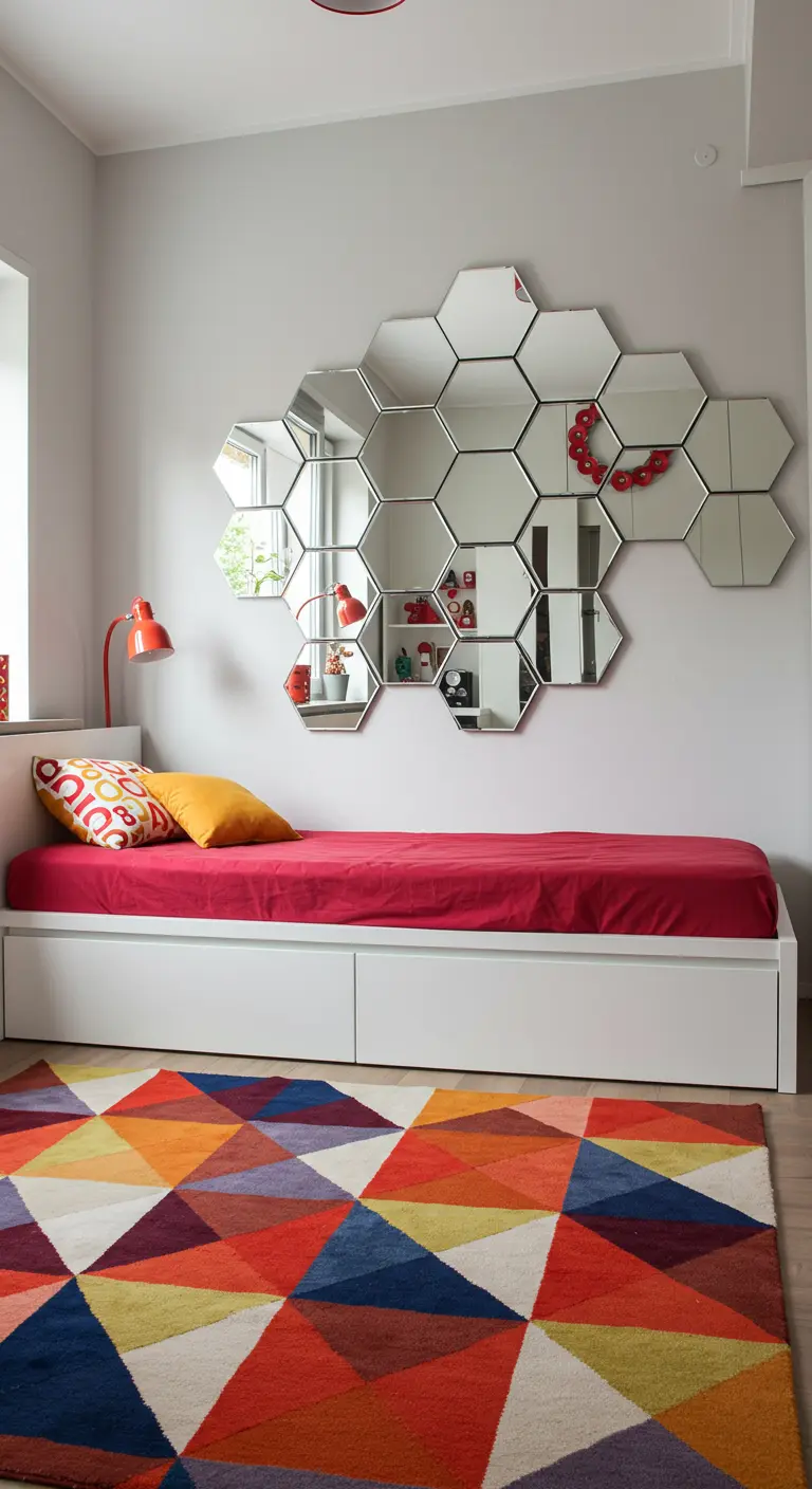 Composición de espejos hexagonales en forma de panal sobre una cama con cojines de colores vivos.