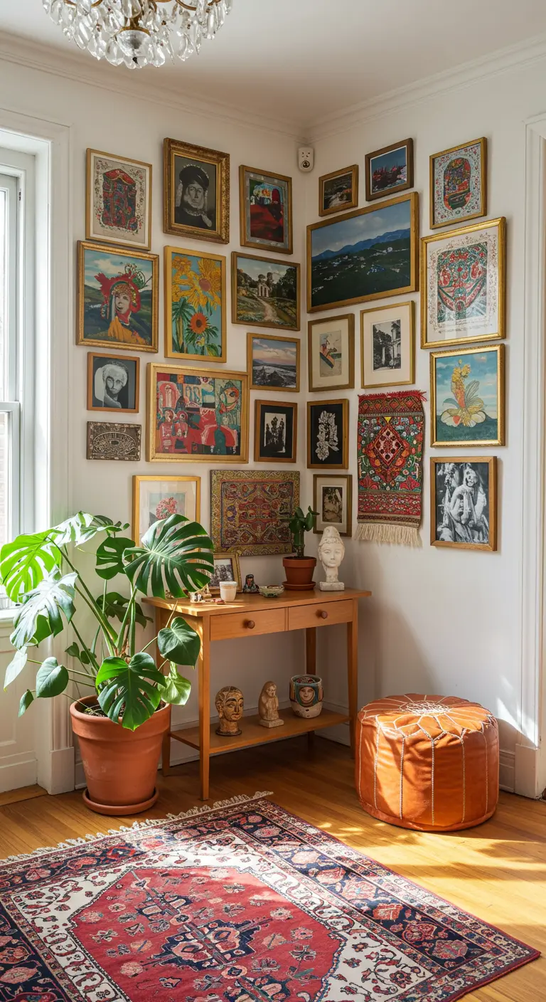 Rincón bohemio con una pared galería llena de cuadros con marcos dorados y una planta grande