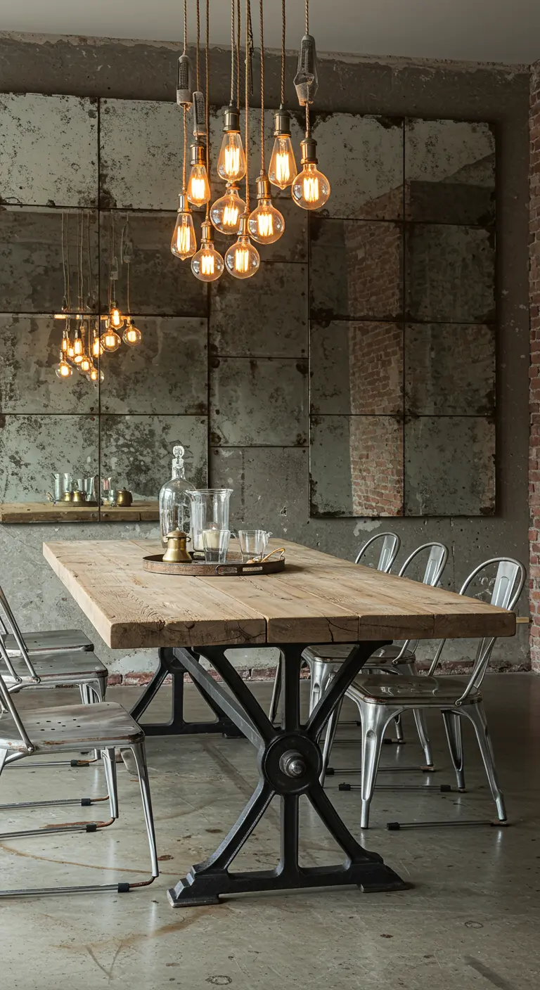 Comedor de estilo industrial con una pared de espejos envejecidos y lámparas de filamento