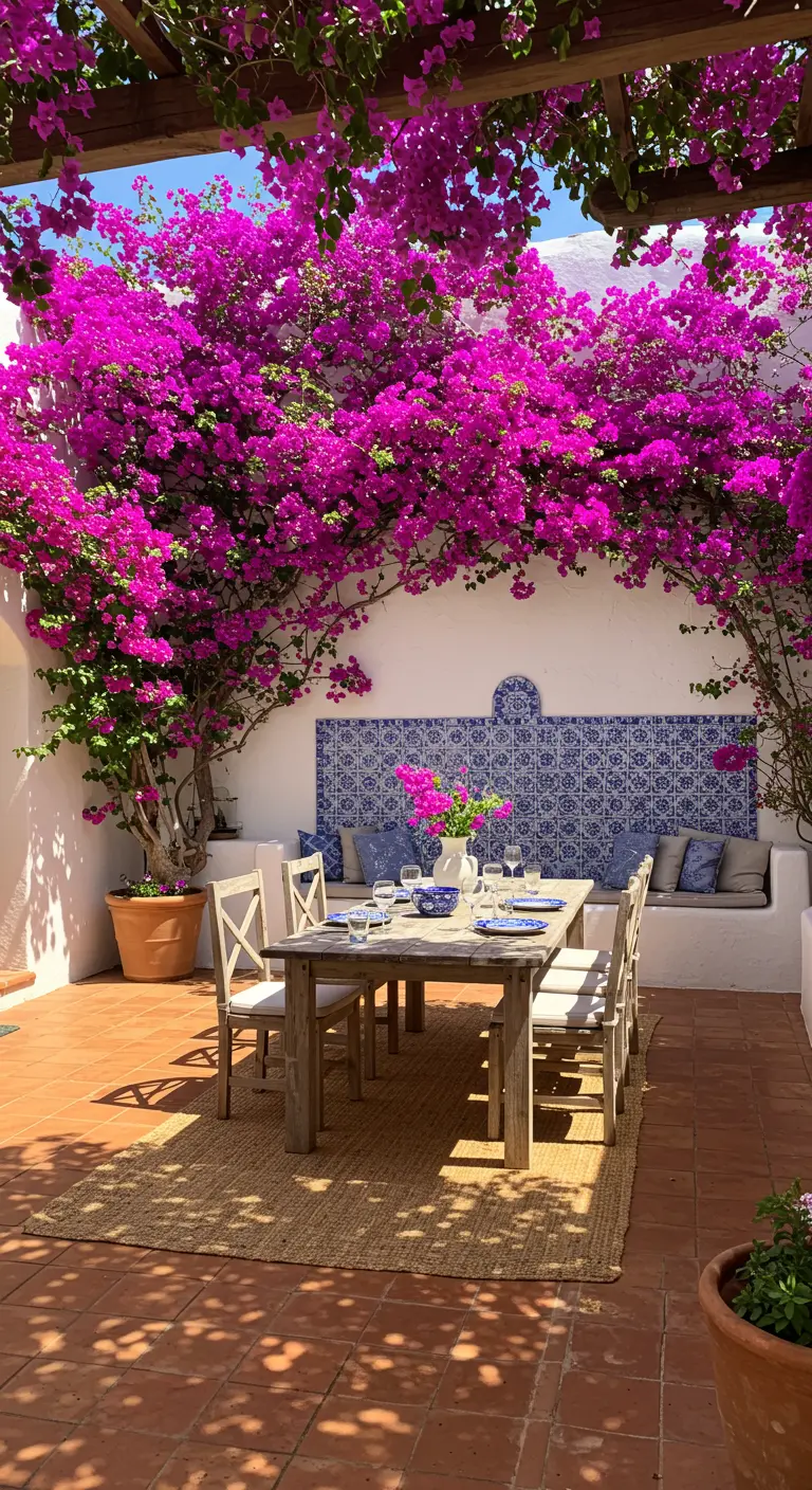 Patio mediterráneo con buganvillas fucsias y un comedor bajo una pérgola de madera.