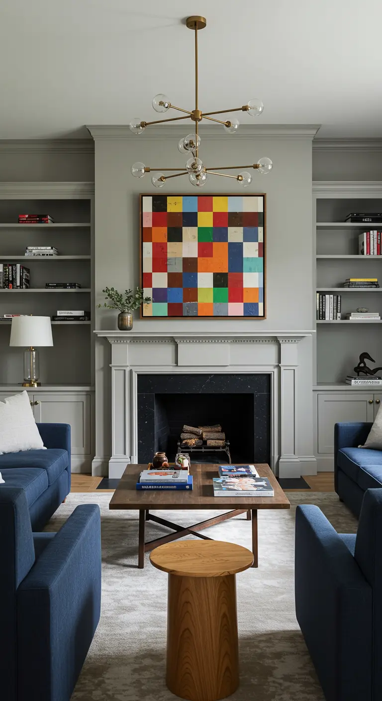 Salón simétrico con sofás azules y un cuadro de mosaico de colores sobre la chimenea.