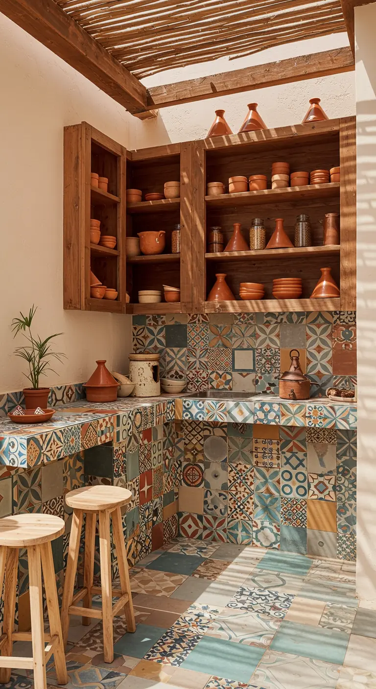 Cocina exterior completamente revestida con un patchwork de azulejos marroquíes de colores.
