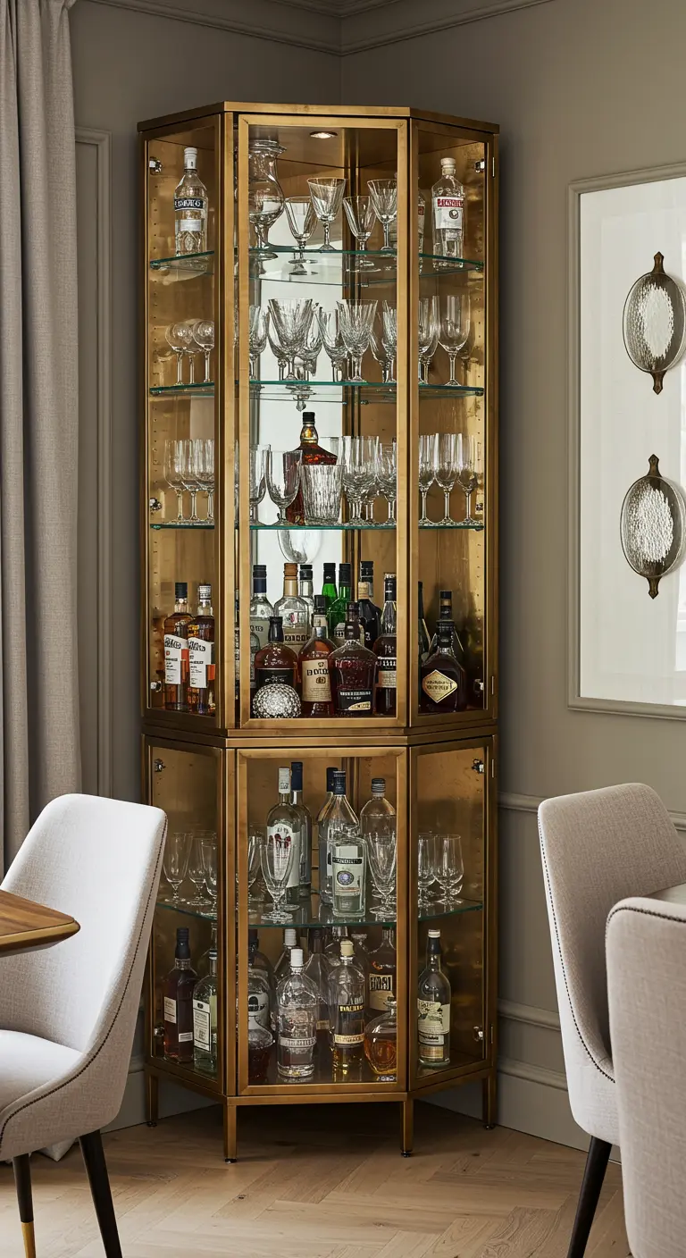 Mueble bar esquinero de latón y cristal lleno de botellas y copas elegantes