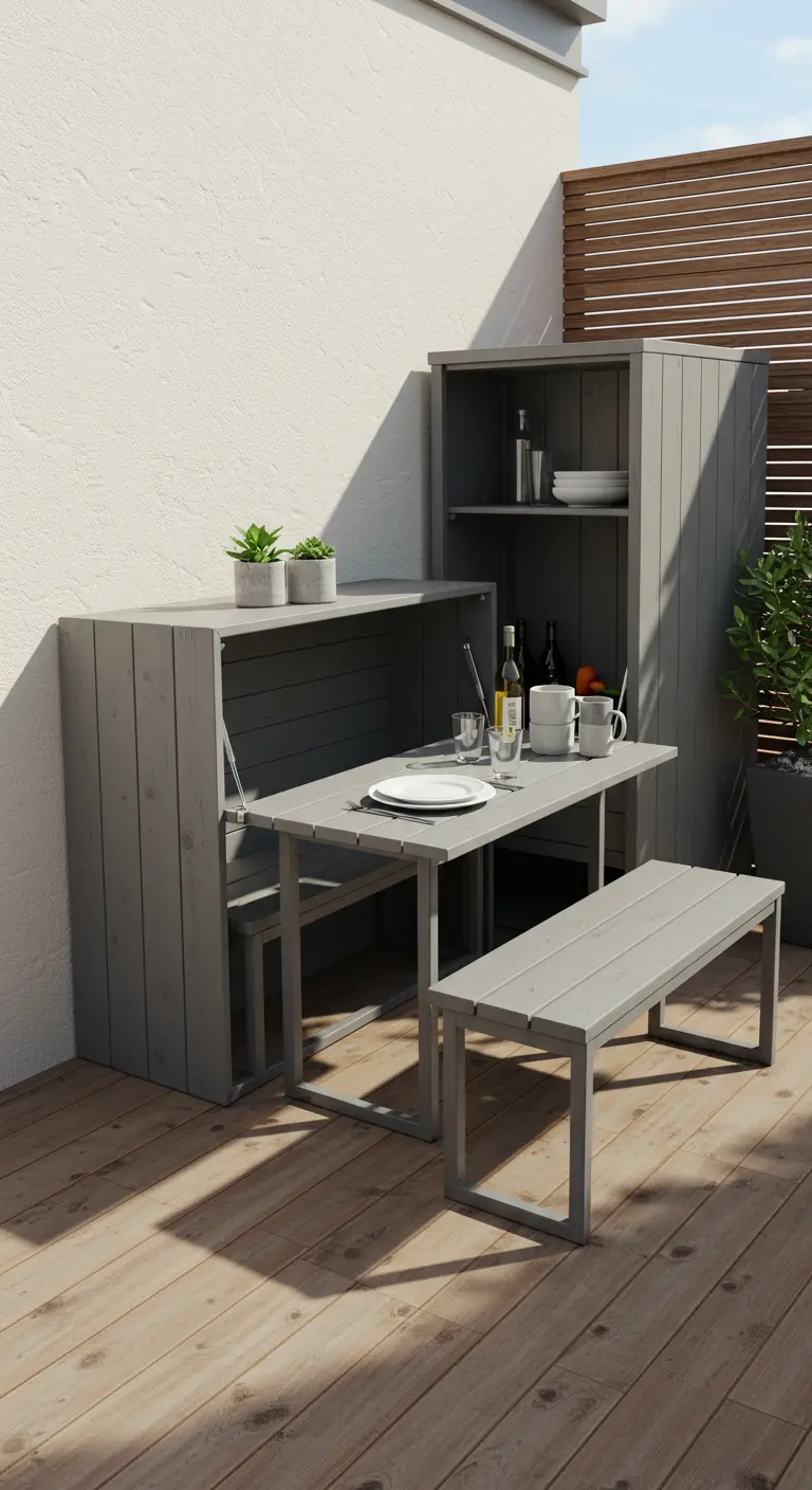 Mueble de exterior gris que se despliega para formar una mesa con bancos y estanterías.