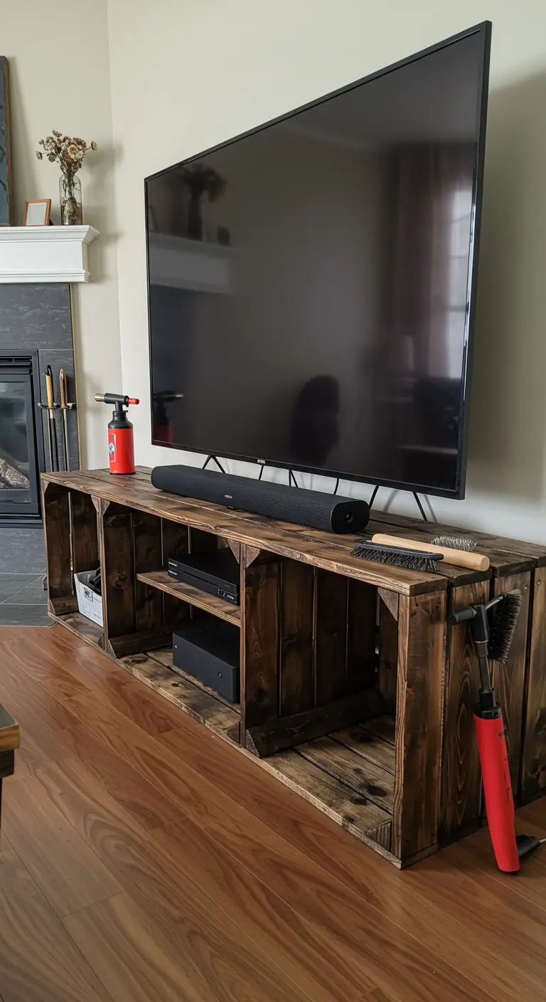 Mueble de televisión bajo hecho con cajas de madera tratadas con técnica de quemado.