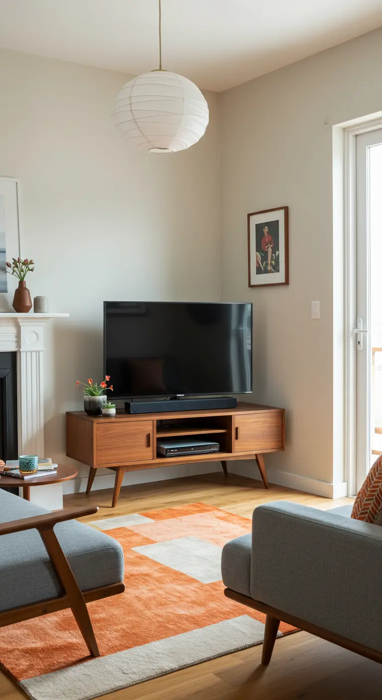 Mueble de TV de madera de estilo Mid-Century Modern colocado en la esquina de una sala de estar.