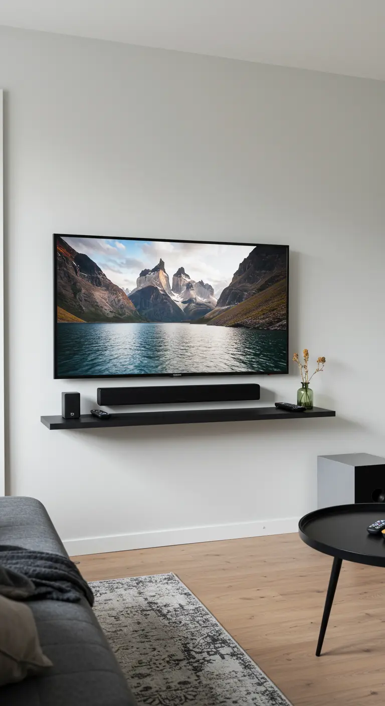 Repisa flotante negra debajo de un televisor colgado en una pared blanca.