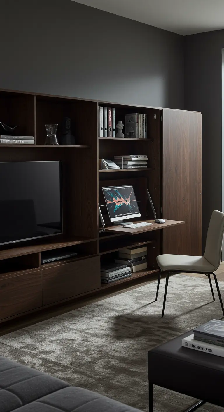 Mueble de salón de madera oscura con una sección abierta que revela un escritorio con un ordenador.