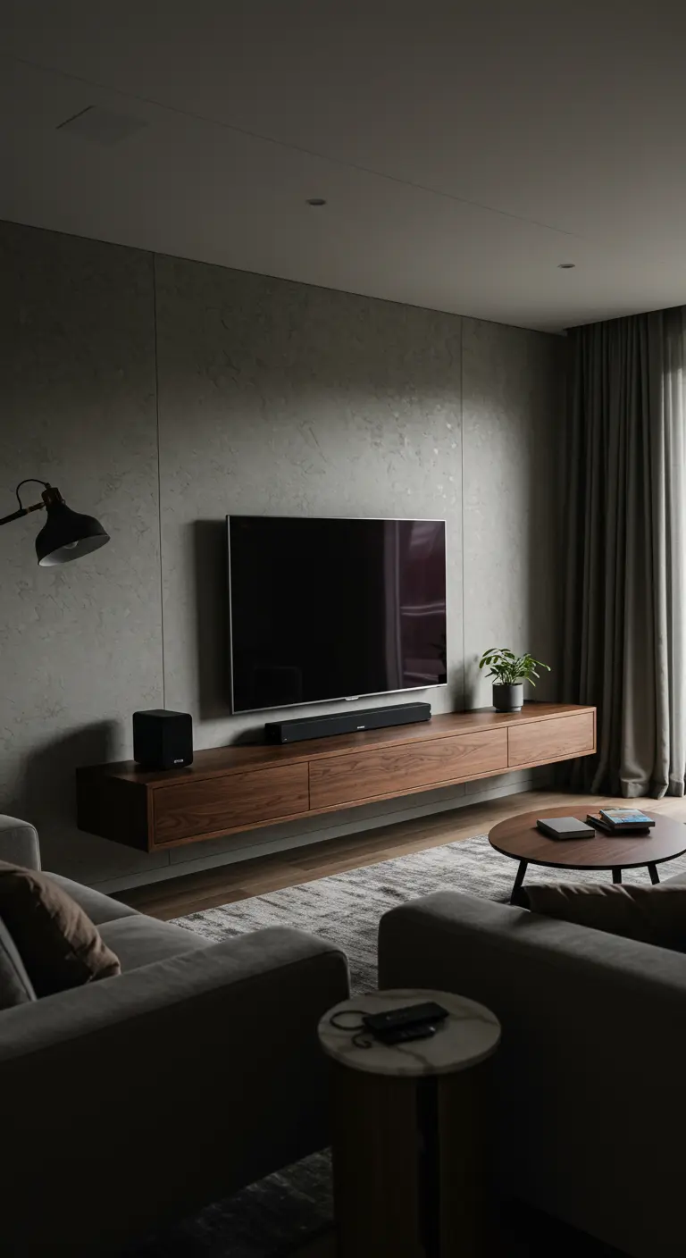 Mueble de TV flotante de madera oscura bajo un televisor que también sirve como superficie de apoyo.
