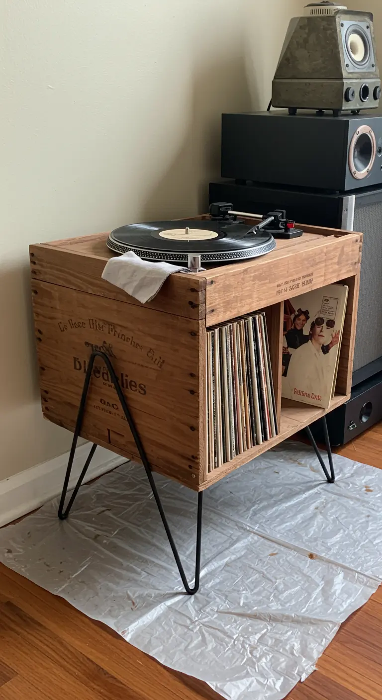 Mueble para vinilos hecho con una caja de madera reciclada y patas de horquilla inclinadas.