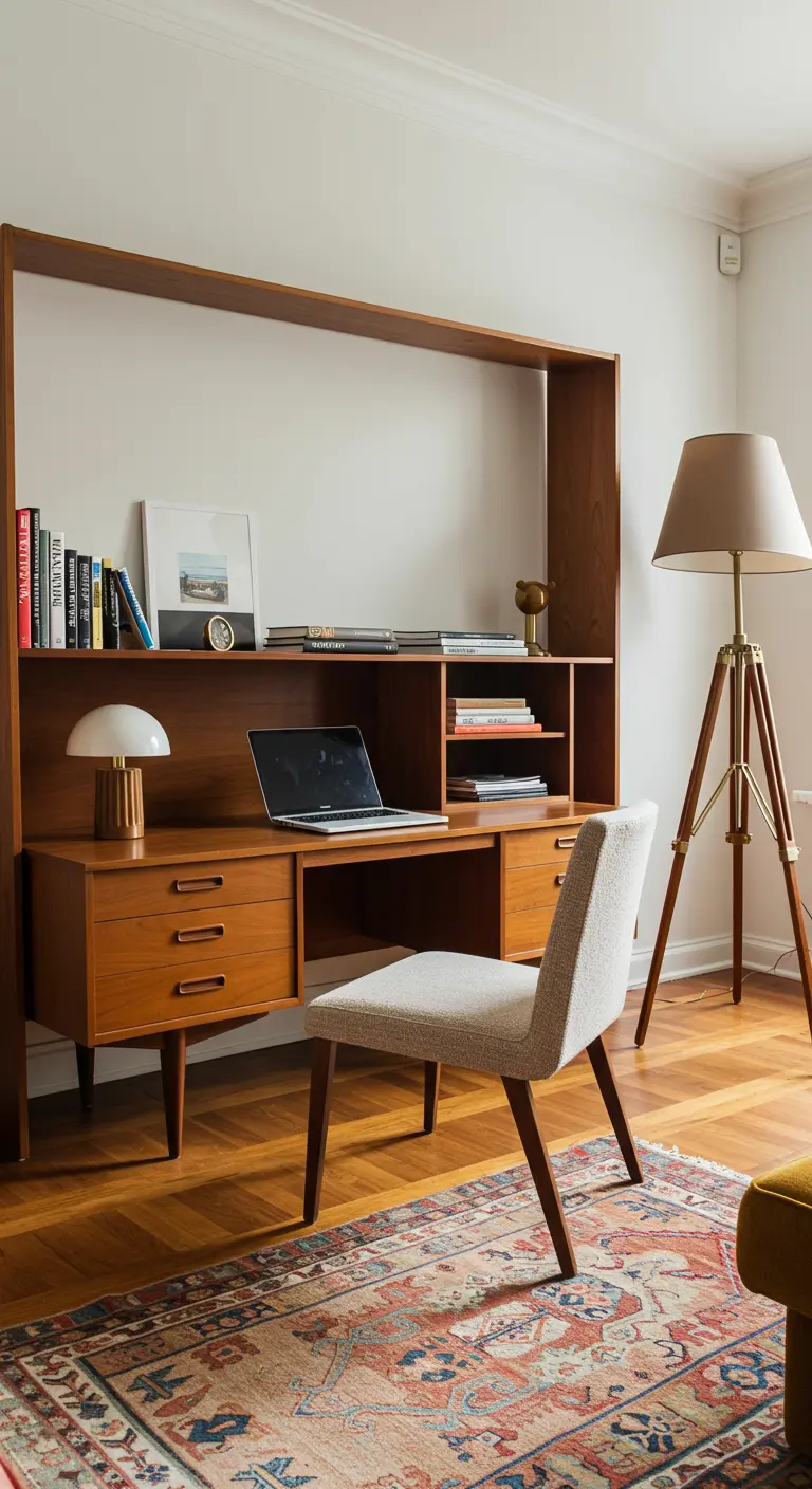 Mueble separador de ambientes de madera de estilo mid-century con un escritorio y estanterías integradas.