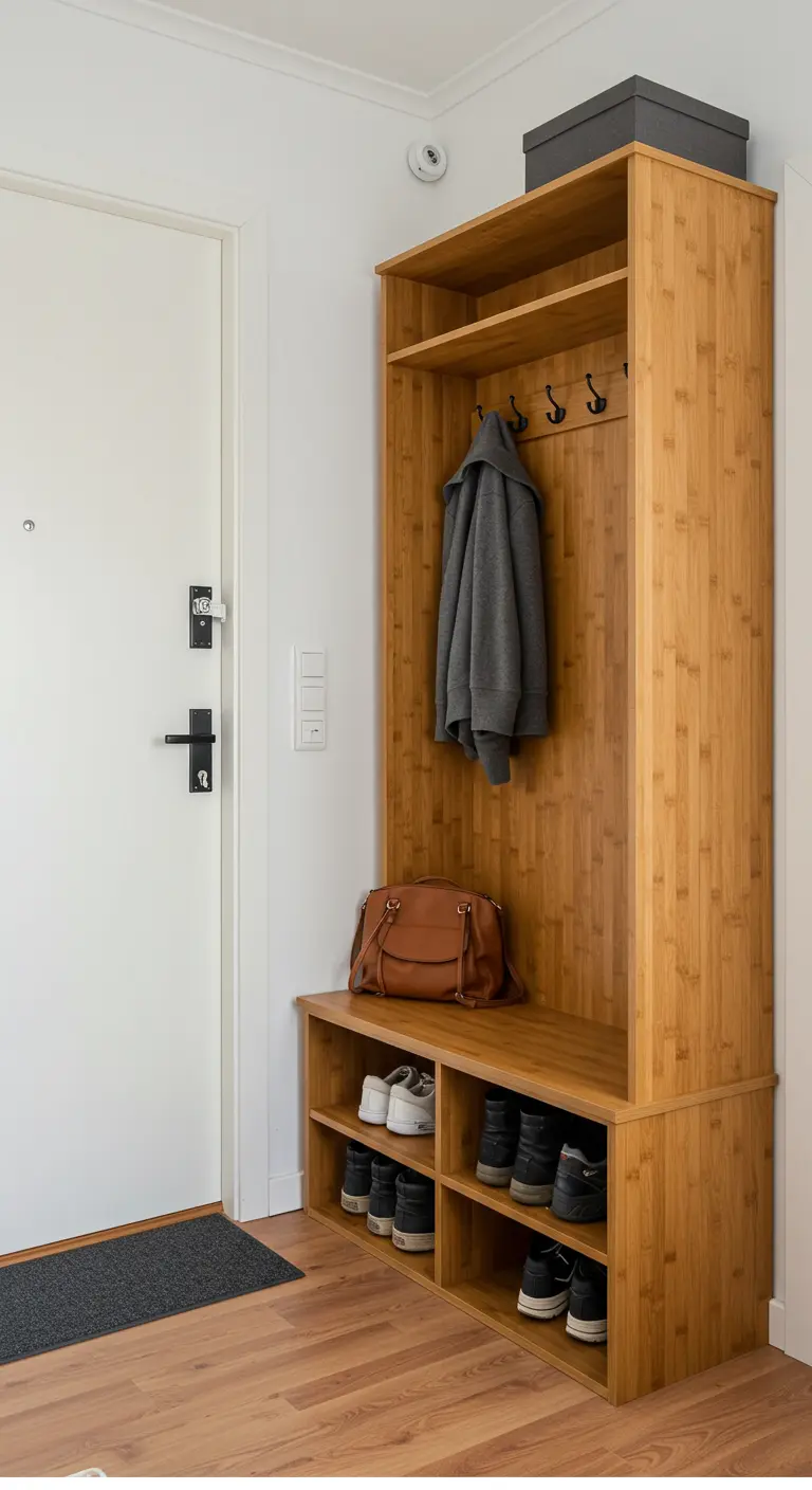 Mueble recibidor de bambú con banco, zapatero y perchero.