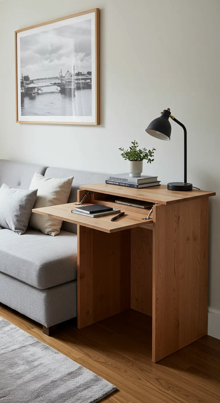 Consola de madera que se abre para convertirse en un escritorio funcional junto a un sofá gris.