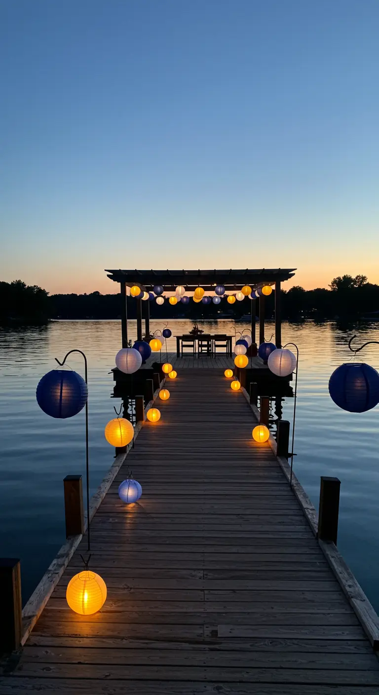 Muelle de madera sobre un lago iluminado con lámparas de papel azules y amarillas al anochecer.
