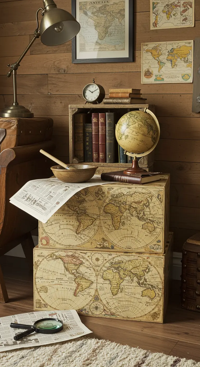Mesa auxiliar decorada con mapas antiguos, con un globo terráqueo y libros encima.