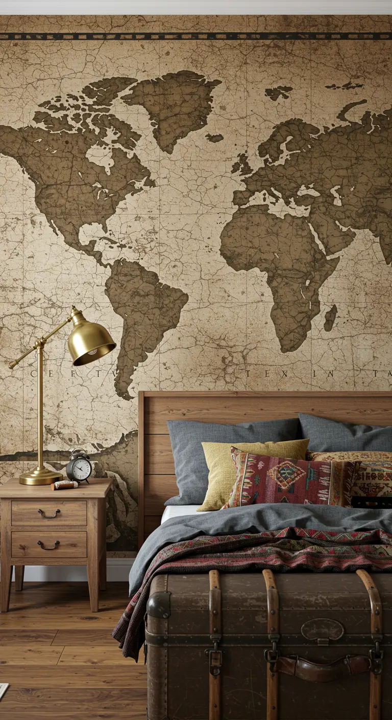 Mural de un mapa del mundo vintage en tonos sepia detrás de una cama de madera.