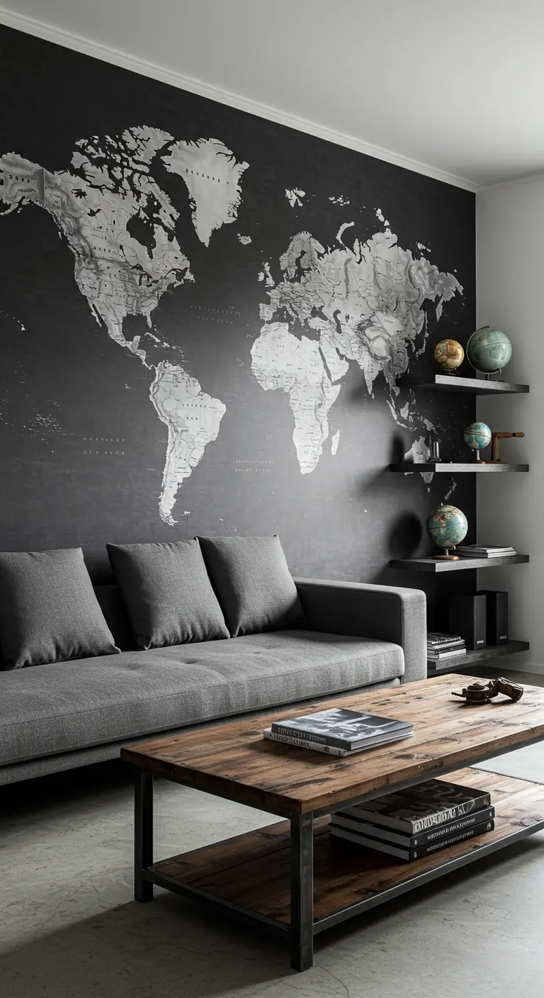 Sala de estar moderna con un gran mural de un mapa del mundo en una pared oscura y un sofá gris.