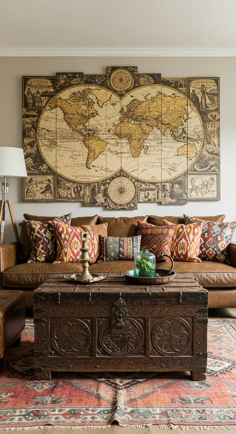 Sala de estar con un gran mapa del mundo antiguo en paneles de madera sobre un sofá de cuero.