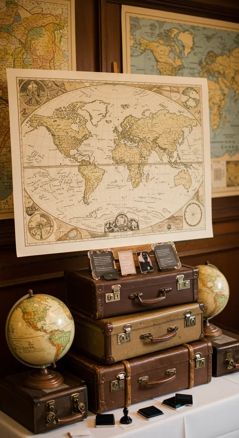 Estación de firmas con un mapa del mundo vintage sobre una pila de maletas antiguas.