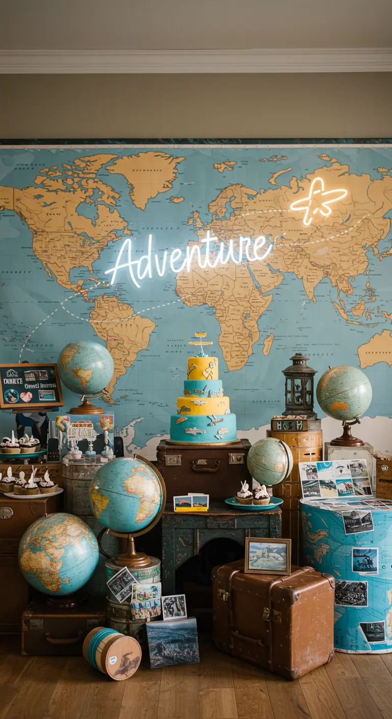 Mesa de dulces con temática de viajes, un neón de 'Aventura' y un mapa del mundo.