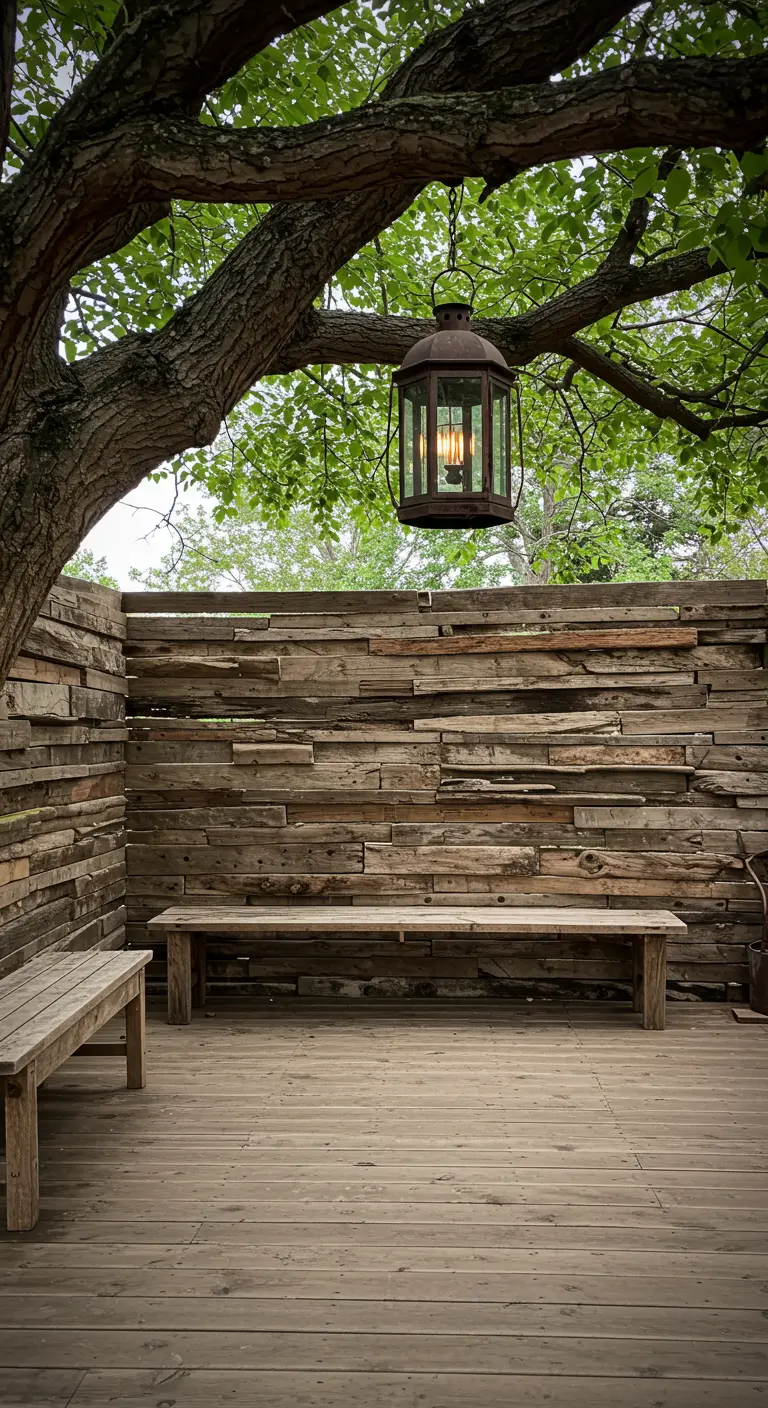 Patio con una pared de listones de madera reciclada y un gran farol colgando de un árbol