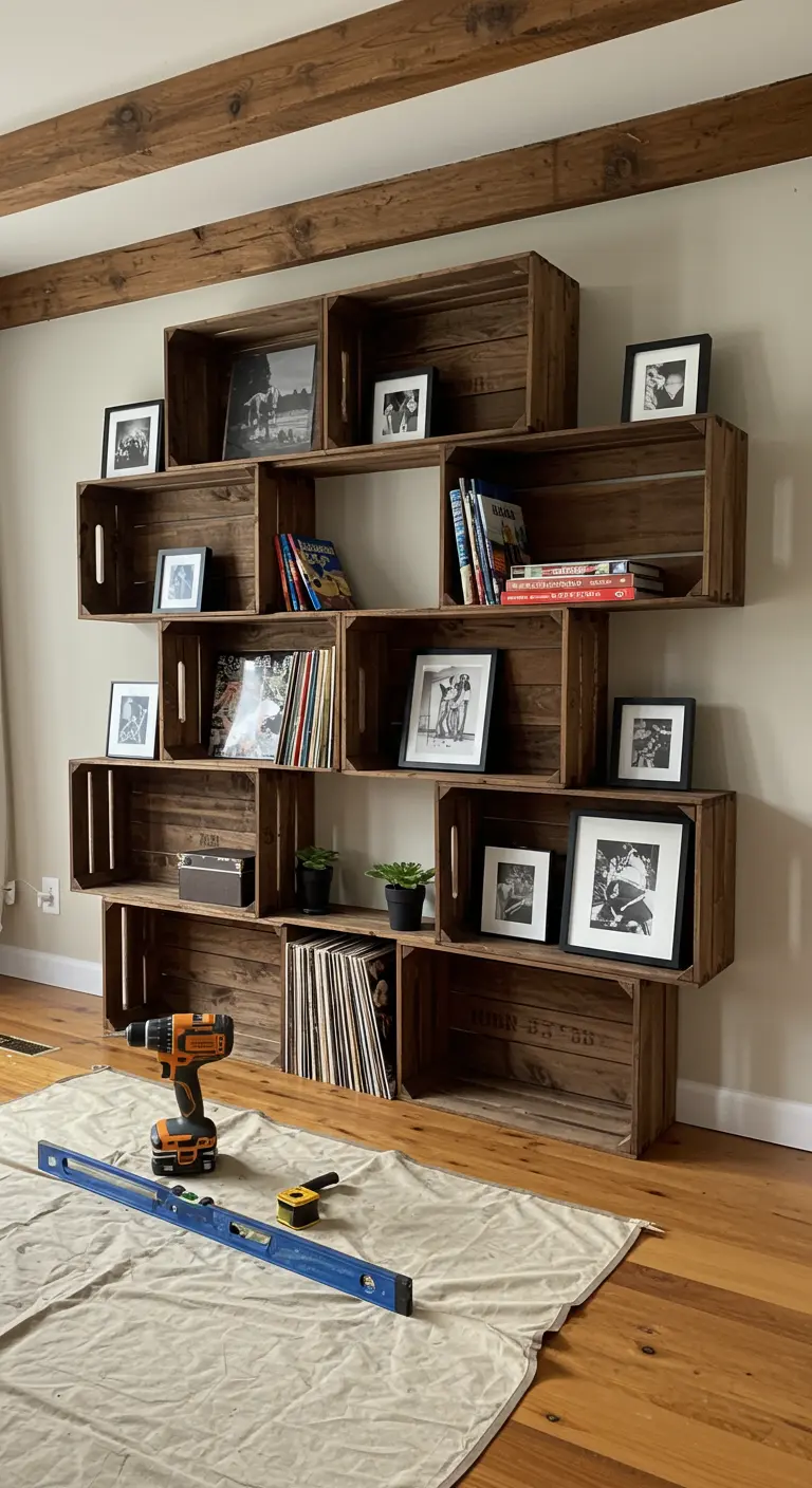 Gran estantería de pared hecha con cajas de madera dispuestas de forma asimétrica.