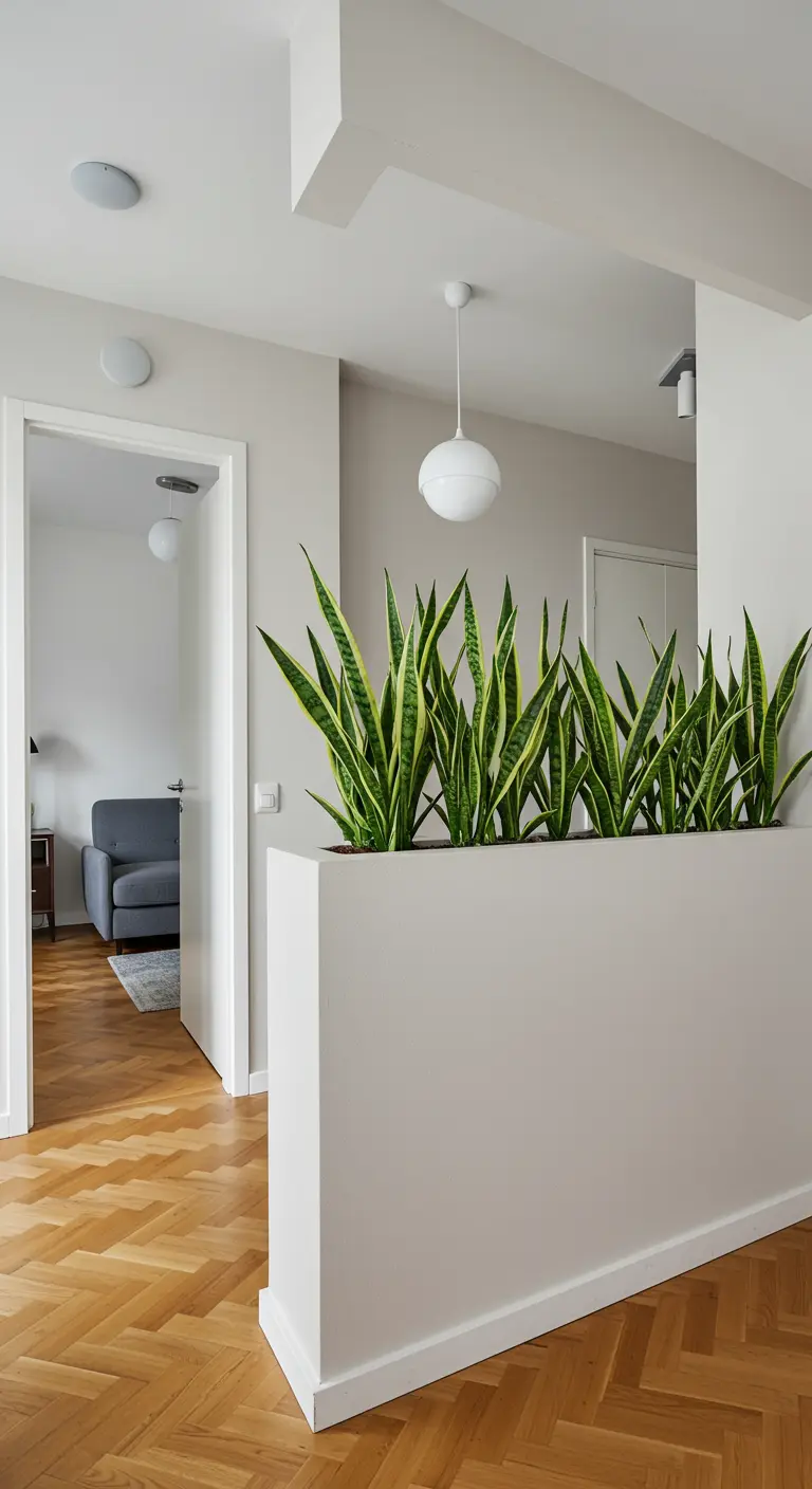 Un muro bajo y blanco con una jardinera integrada llena de sansevierias separa un pasillo de la entrada.