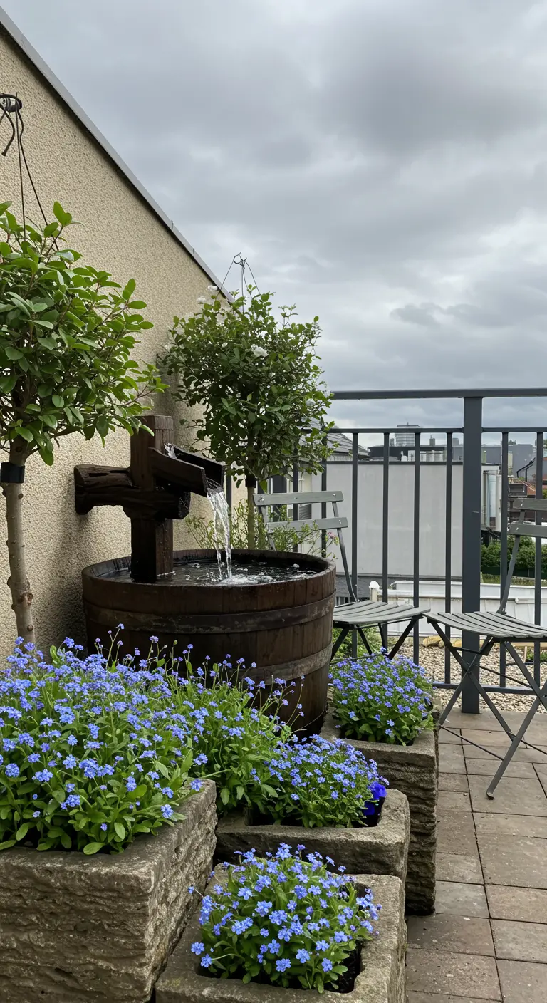 Balcón con una fuente de agua hecha con un barril de madera, rodeada de macetas de piedra con flores azules.