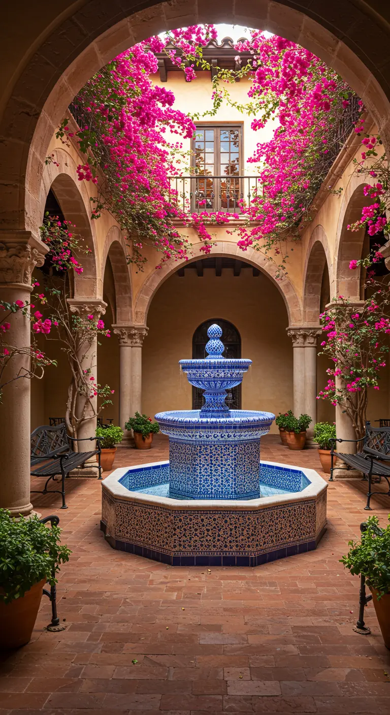 Patio interior de estilo árabe con arcos, una fuente central de mosaico azul y buganvillas.