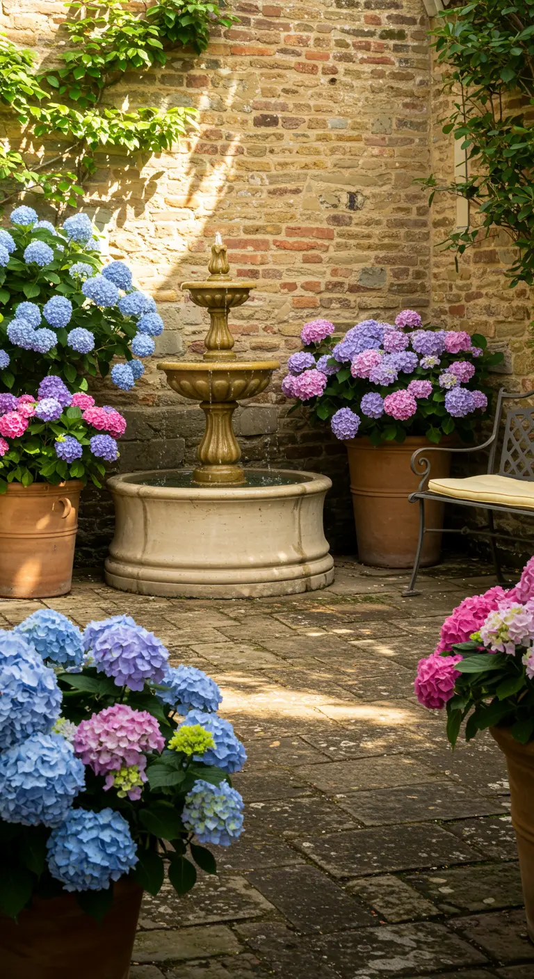 Fuente de piedra de estilo clásico en un patio rodeada de grandes macetas con hortensias.