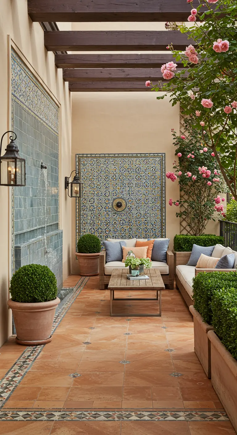 Patio de estilo andaluz con una fuente de pared de azulejos, sofás y suelo de terracota con cenefa decorativa.